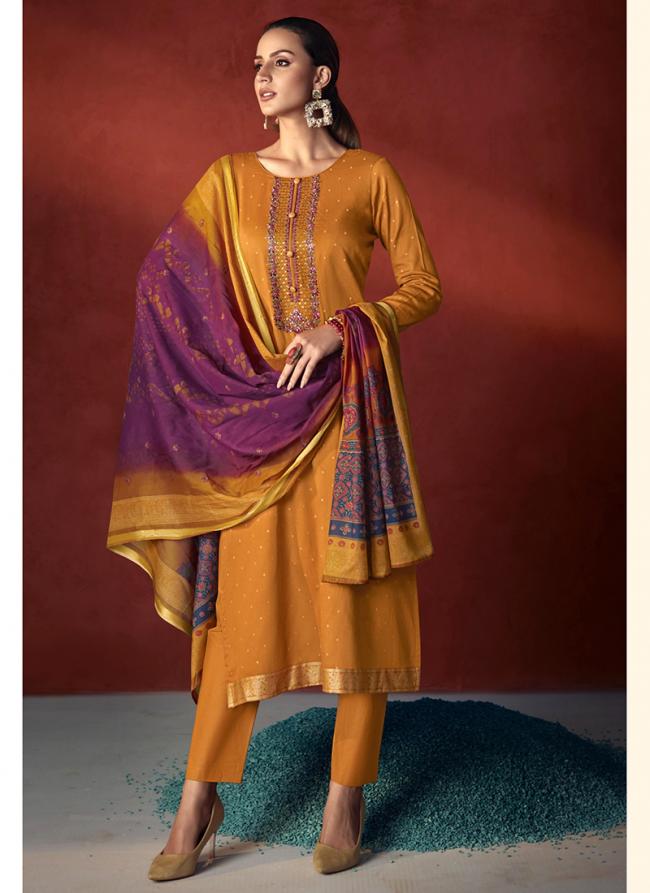 Pure Viscose Satin Mustard Traditional Wear Embroidery Work Straight Suit